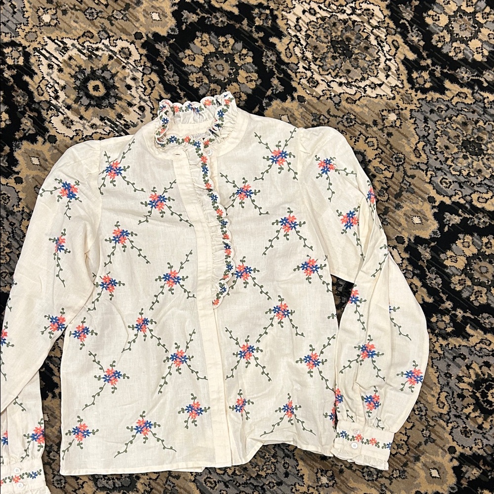 Sezane Cream Blouse with Floral Embroidery linen